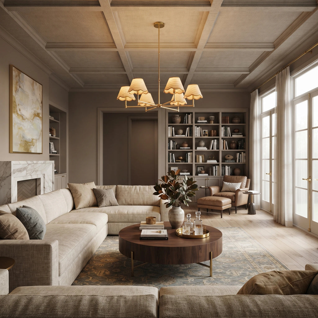 Brass & Scalloped Rattan Chandelier