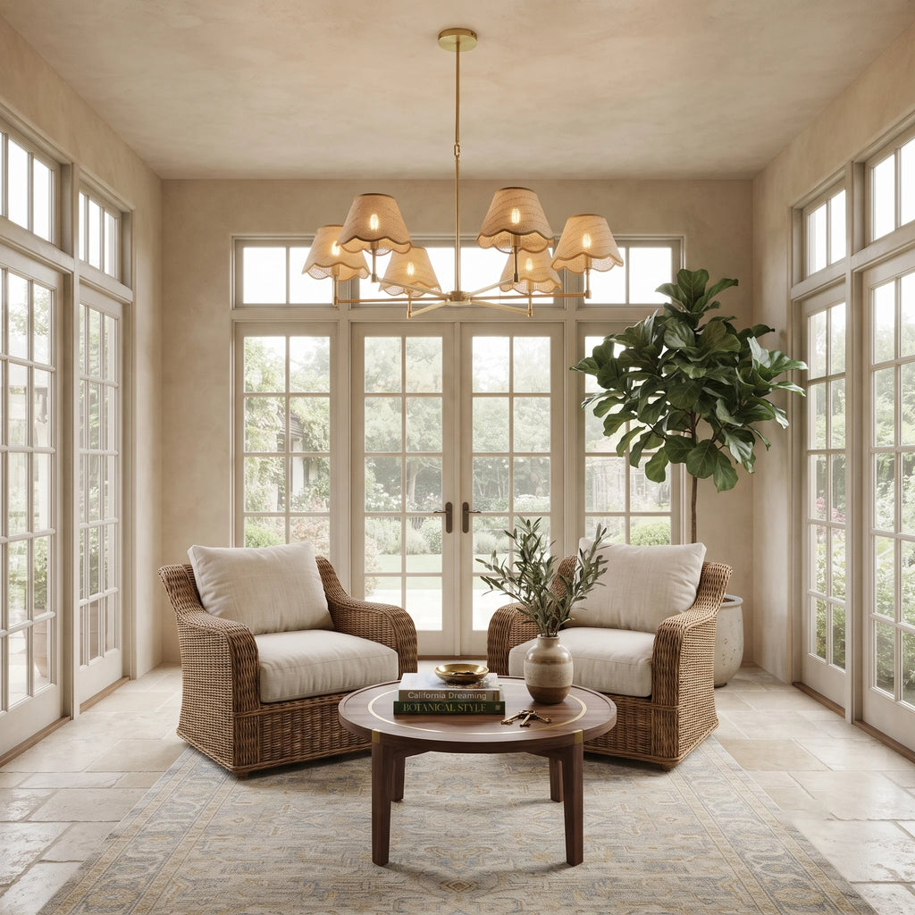Brass & Scalloped Rattan Chandelier