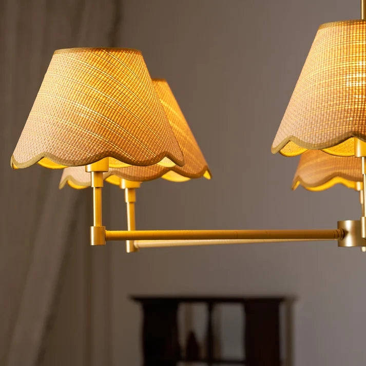Brass & Scalloped Rattan Chandelier