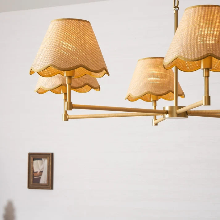 Brass & Scalloped Rattan Chandelier
