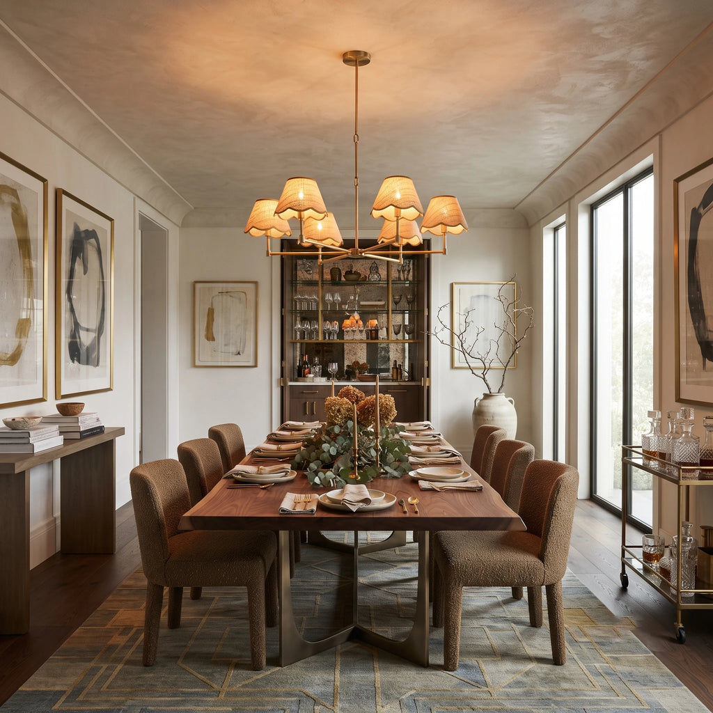 Brass & Scalloped Rattan Chandelier