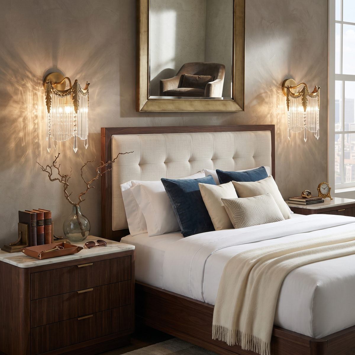 Antique brass and crystal fringe wall sconces installed beside a luxury upholstered bed