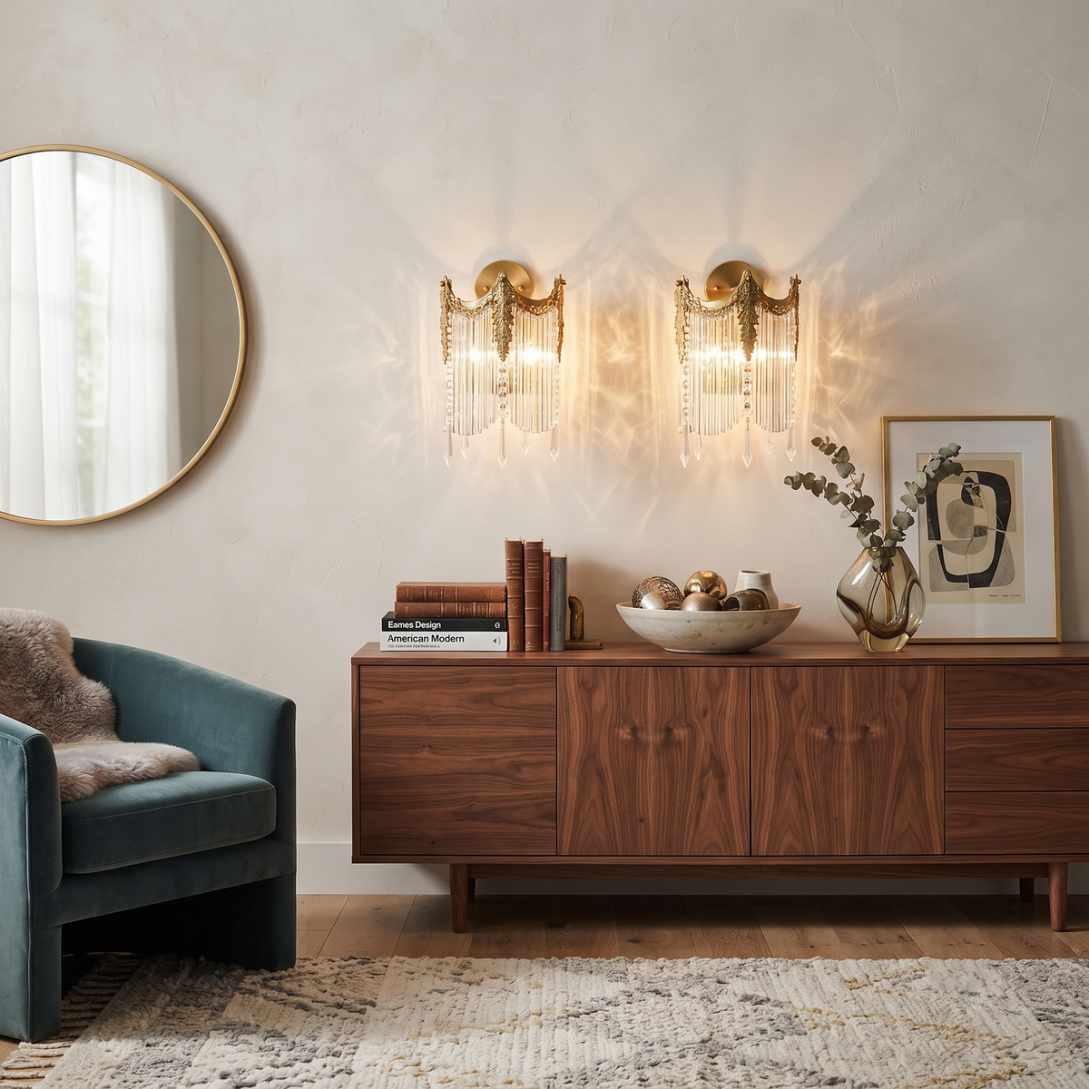 Pair of Crystal Fringe Brass Sconces Flanking Living Room Storage Console