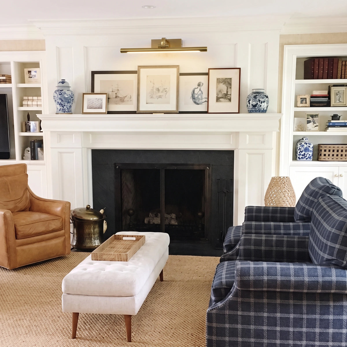 Traditional Brass Picture Light Mounted Over Fireplace Art