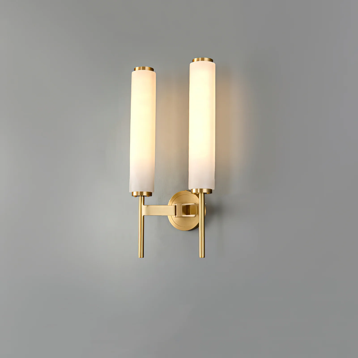 Dual light Brindisi alabaster wall lamp brass frame installed on matte grey interior wall