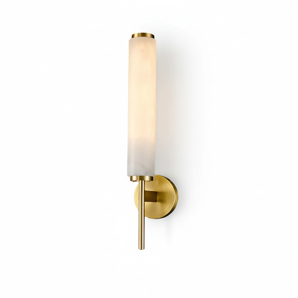 Brindisi Alabaster Wall Lamp single brass fixture cylindrical natural alabaster shade isolated white background