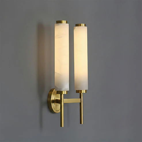 Two-light Brindisi alabaster wall sconce brass mounting natural alabaster cylinder shades