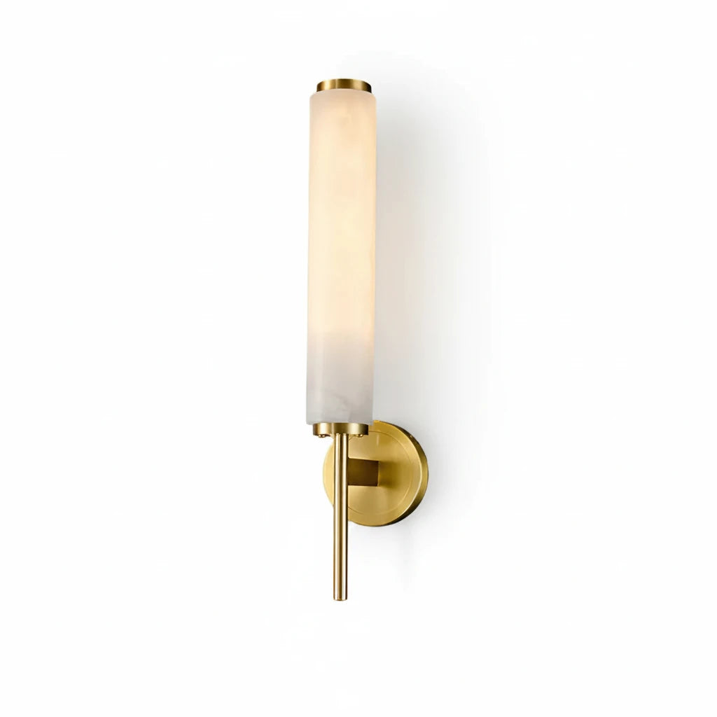Modern Brass and Alabaster Cylinder Wall Sconce on Pure White Background