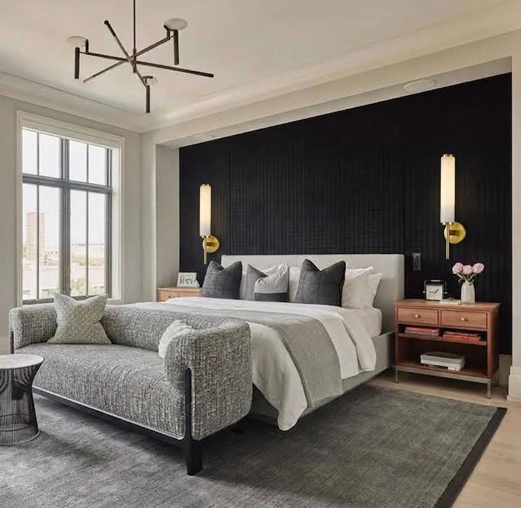 Modern Alabaster Wall Sconces in Luxury Bedroom Setting
