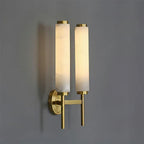 Illuminated Modern Brass Dual-Light Alabaster Wall Sconce Studio Shot