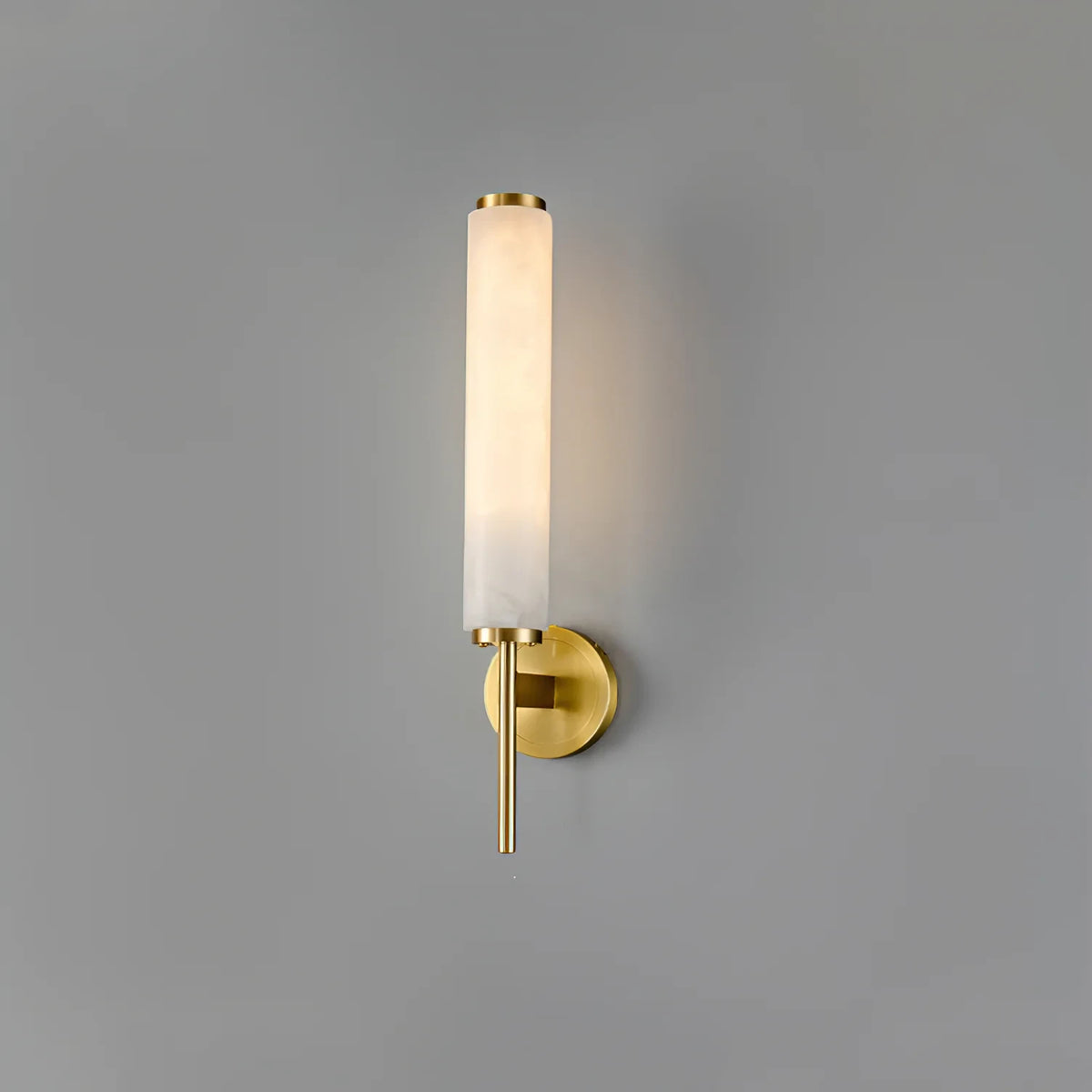 Angled View of Illuminated Brass Alabaster Cylinder Wall Sconce
