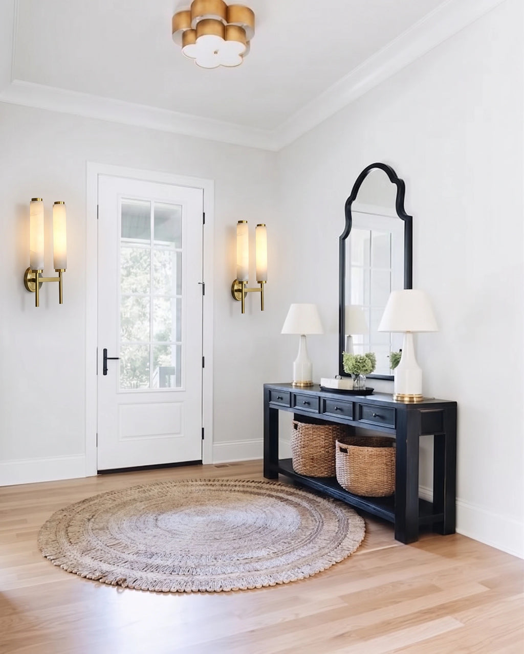 Modern Brass Alabaster Wall Sconce in Entryway Foyer
