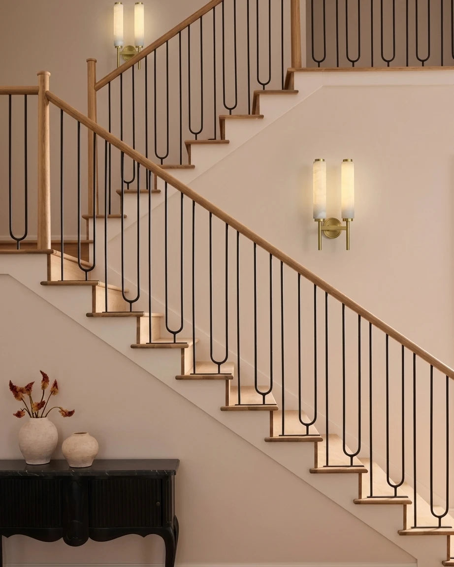 Modern Alabaster Wall Sconce Along Staircase Corridor