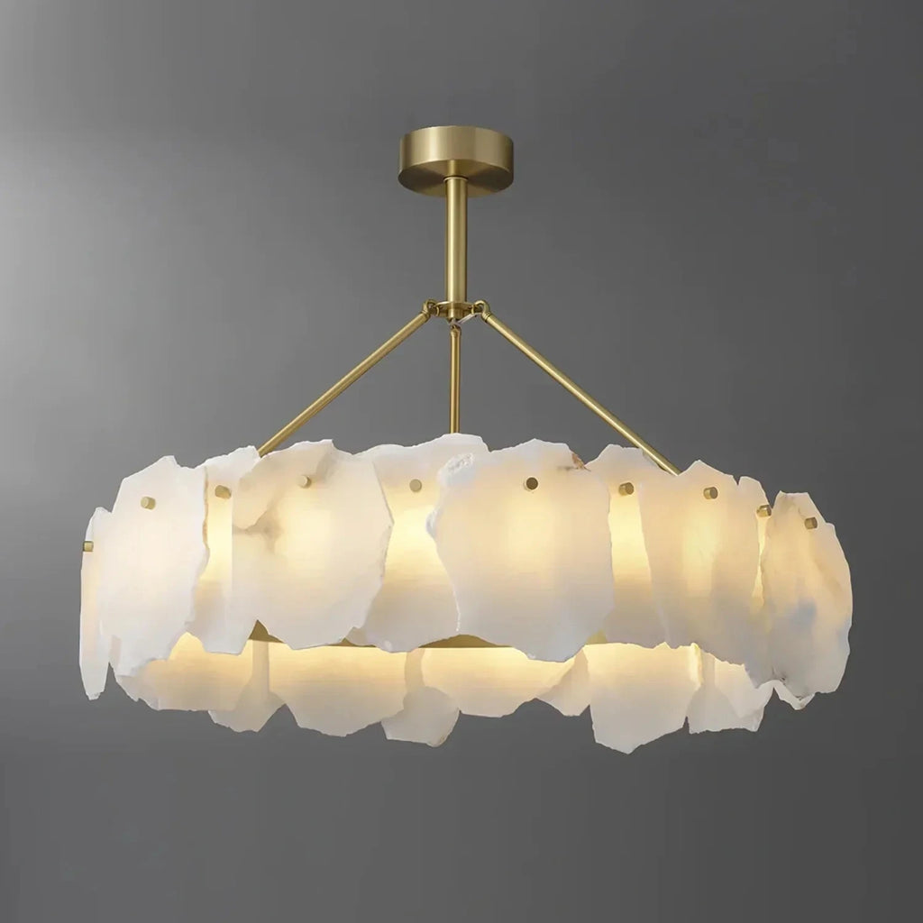 Illuminated Modern Natural Shell and White Art Glass Ring Chandelier Studio Shot