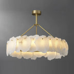 Illuminated Modern Natural Shell and White Art Glass Ring Chandelier Studio Shot