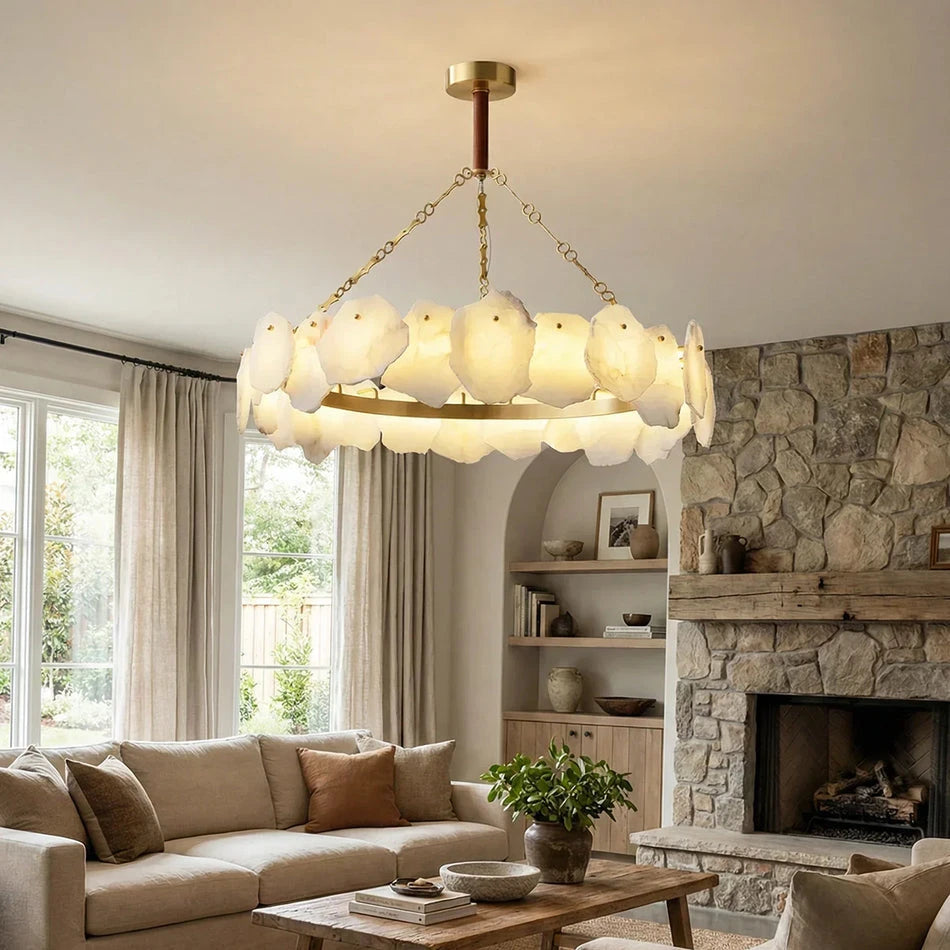 Modern Natural Shell Ring Chandelier in Vaulted Living Room