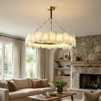Modern Natural Shell Ring Chandelier in Vaulted Living Room