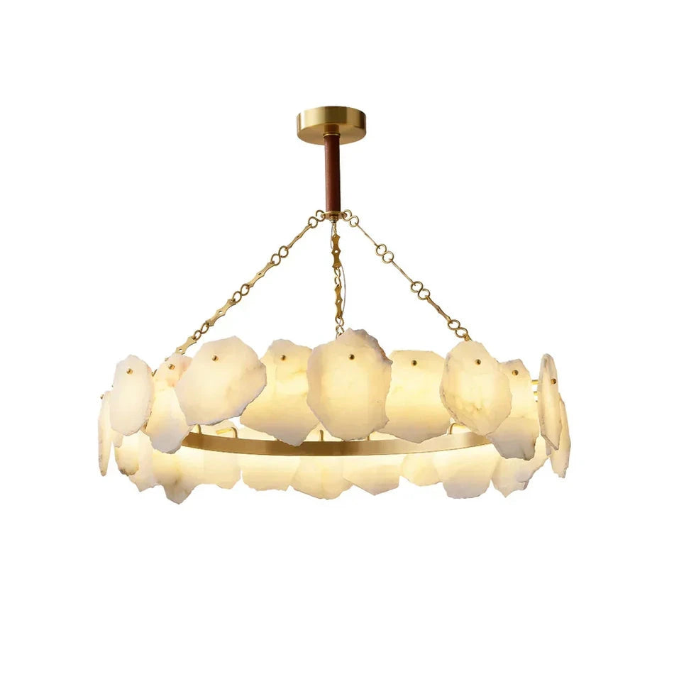 Modern Natural Shell and White Art Glass Ring Chandelier with Brass Stem on Pure White Background