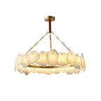 Modern Natural Shell and White Art Glass Ring Chandelier with Brass Stem on Pure White Background