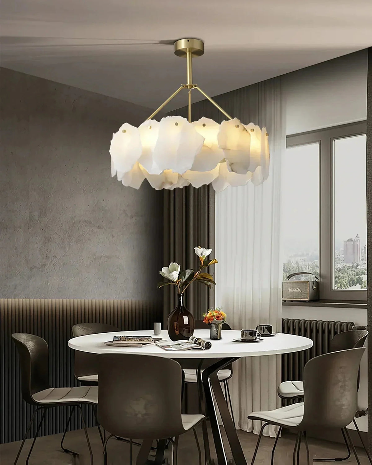 Modern Natural Shell Art Glass Chandelier Over Round Dining Table