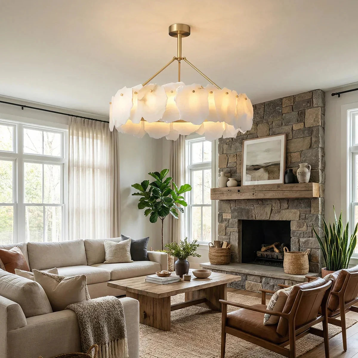 Modern White Art Glass Ring Chandelier in Bright Living Room