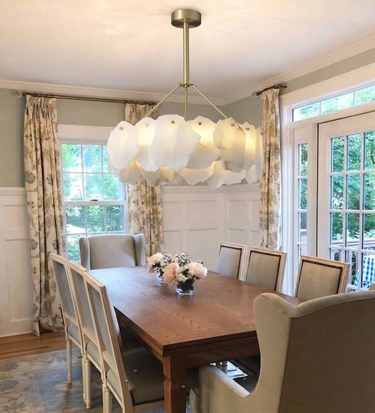Modern Natural Shell Art Glass Chandelier Over Dining Room Table