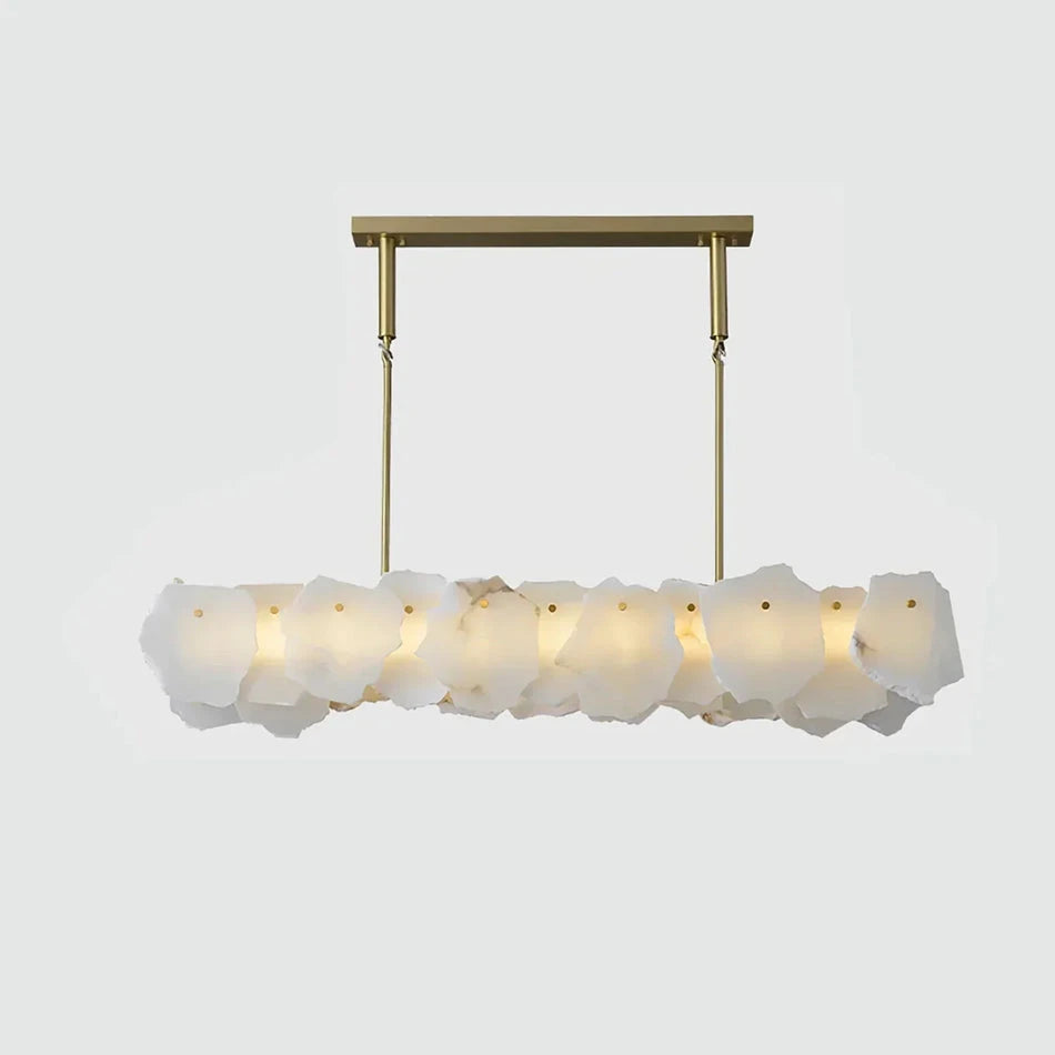 Front View of Illuminated Modern Natural Shell Linear Pendant