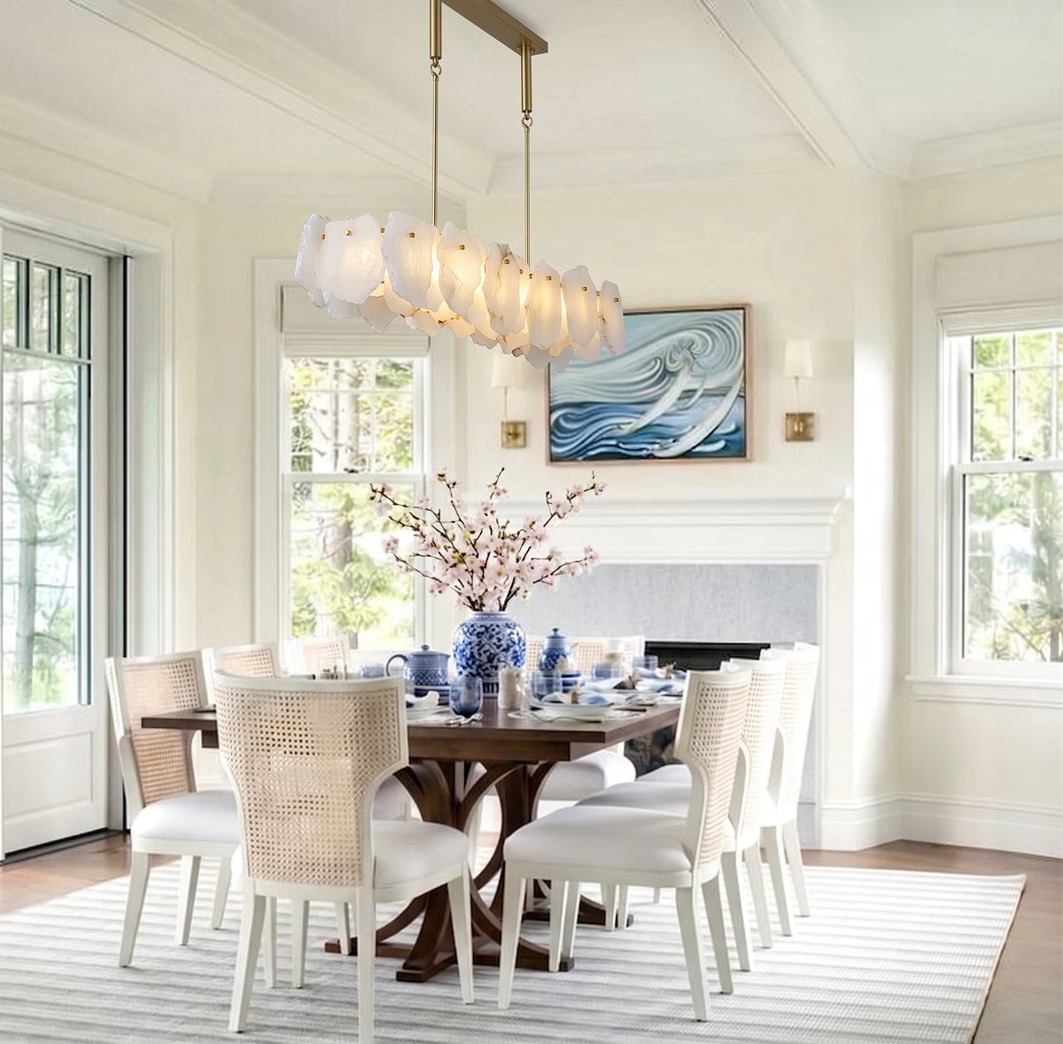 Modern Natural Shell Chandelier Over Dining Area