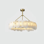 Side View of Illuminated Modern White Art Glass Ring Chandelier
