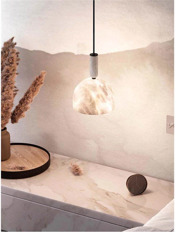 Modern Natural Marble Dome Pendant Light Over Bedroom Accent Table