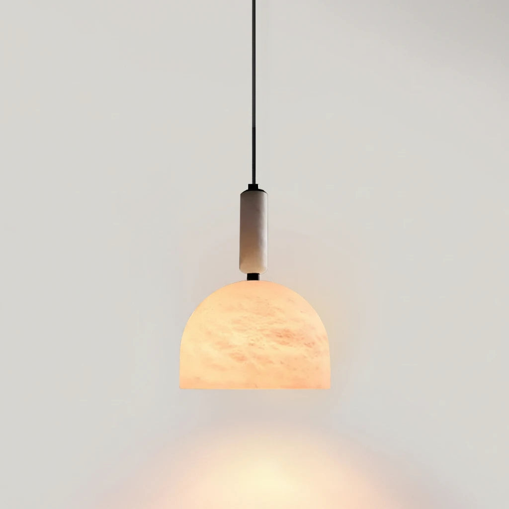 Illuminated Modern Natural Marble Dome Pendant Light on Clean Background