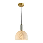 Modern Brass and Natural Marble Dome Pendant Light with Gold Canopy on Pure White Background
