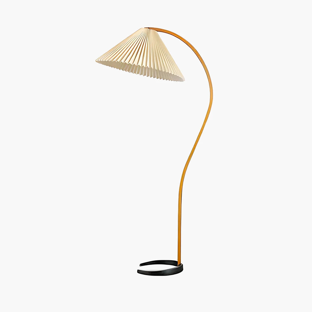 Caprani Floor Lamp curved timber stand, off-white pleated fabric shade modern designer standing lamp plain background