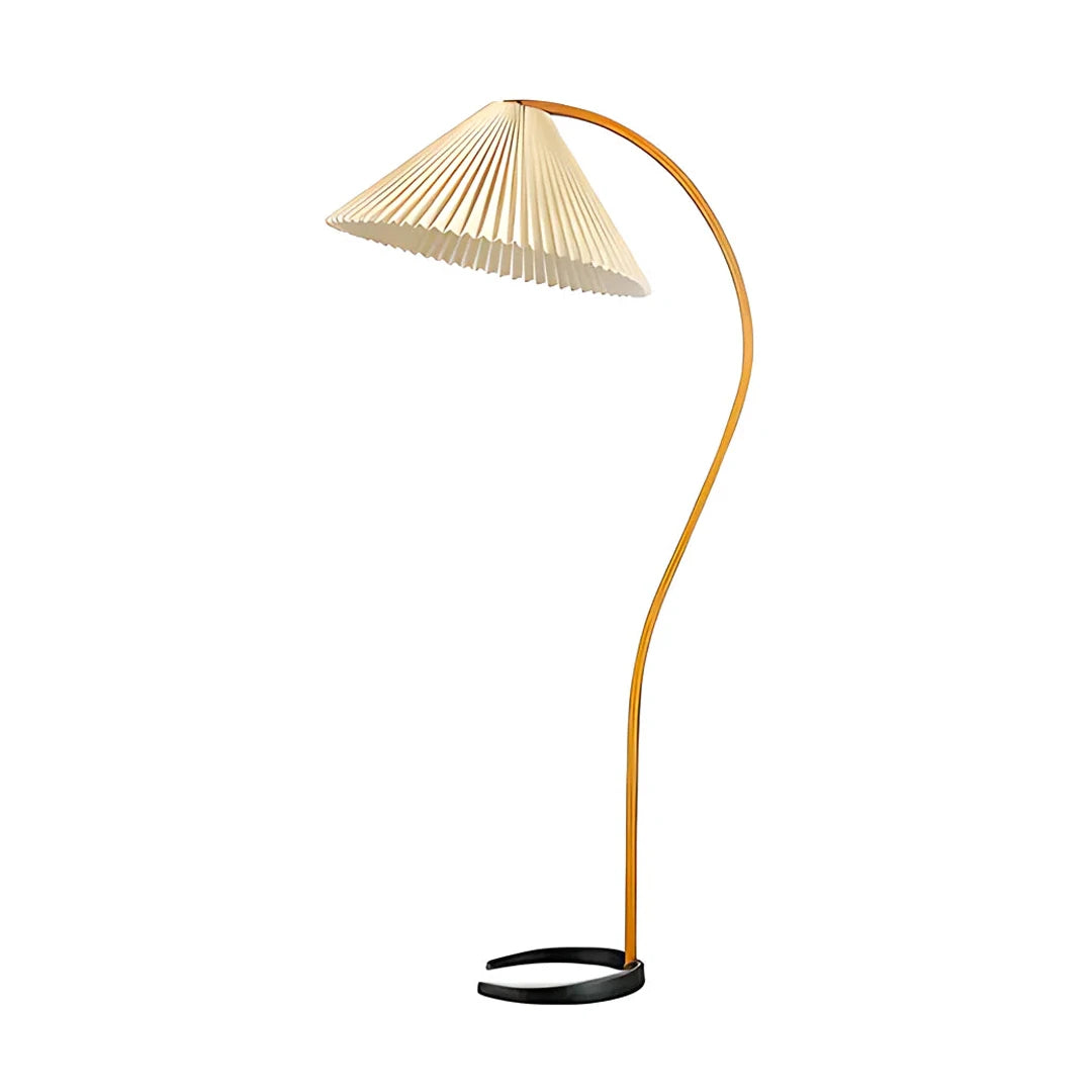 Caprani Floor Lamp with curved wooden arm and beige pleated fabric shade, modern standing lamp white background product photo