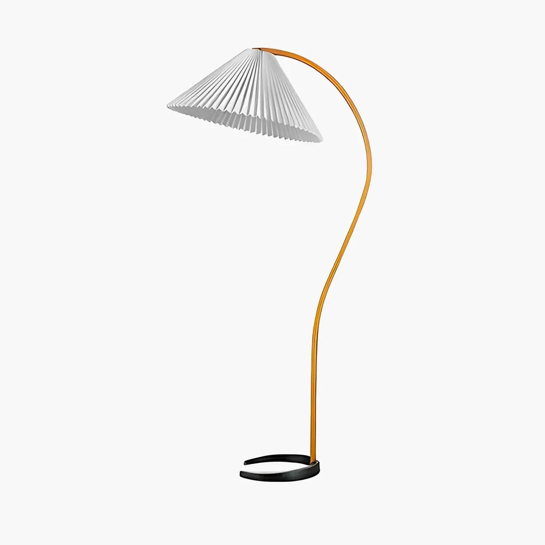 Caprani Floor Lamp slender curved bentwood frame with tilted white pleated lampshade, isolated product photo on plain white background