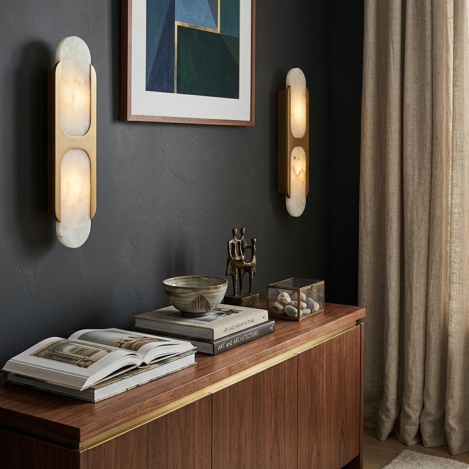 Dual Capsule alabaster sconces brass finish styled on dark wall above console table with artwork