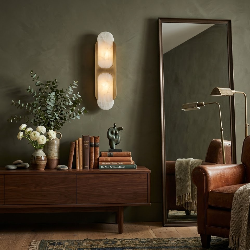 Capsule alabaster wall sconce brass hardware displayed inside elegant entryway with mirror and furniture