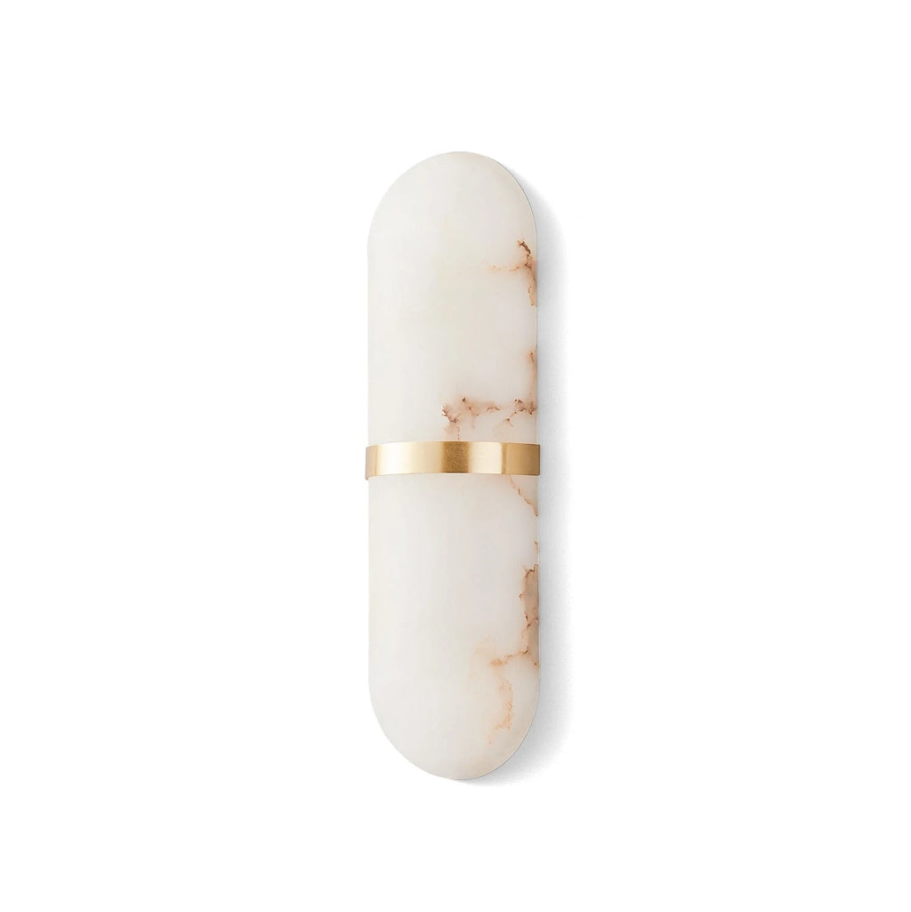 Modern Natural Alabaster Capsule Art Wall Sconce with Brass Band on Pure White Background