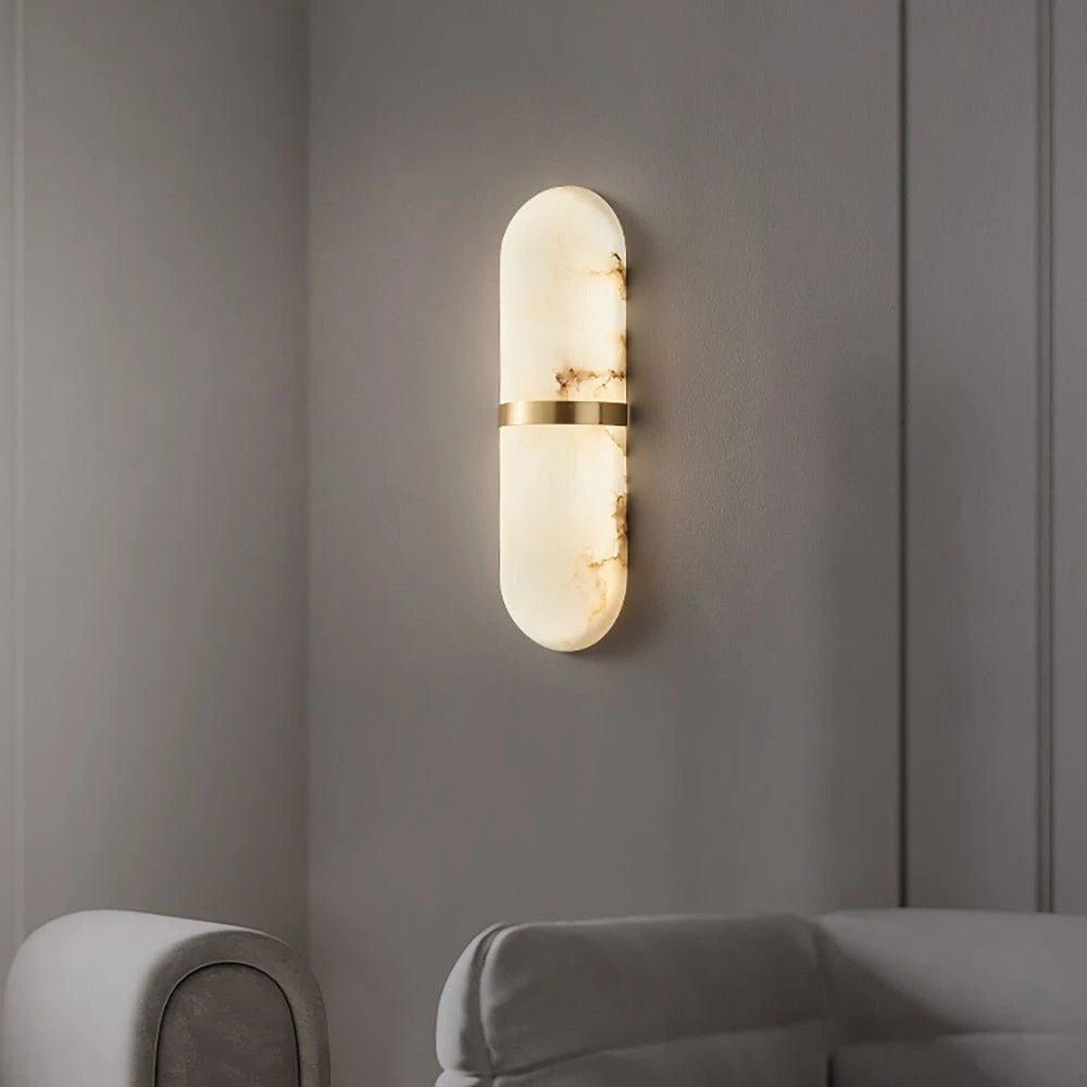 Illuminated Modern Alabaster Capsule Wall Sconce in Living Room