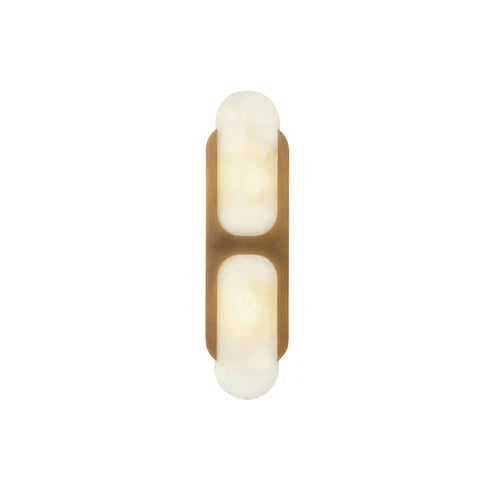 Angled View of Illuminated Modern Brass and Alabaster Wall Sconce