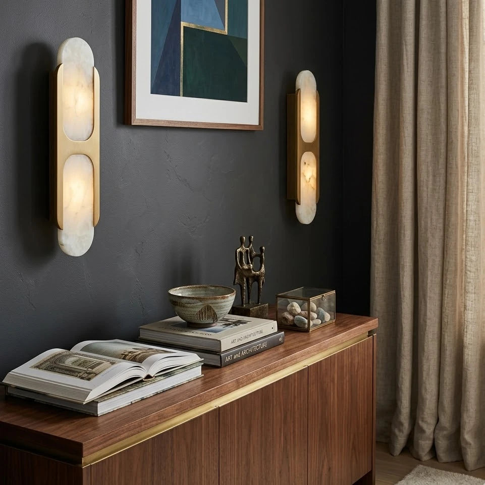 Modern Brass Alabaster Wall Sconce Over Credenza Setting