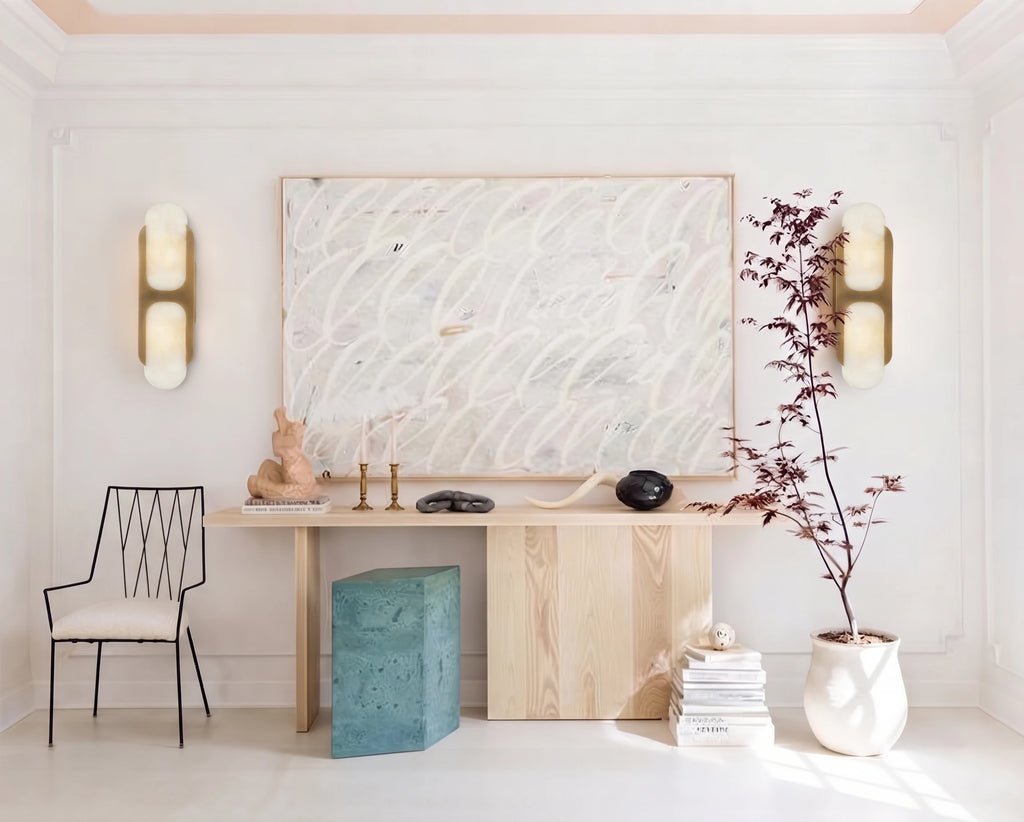 Modern Alabaster Wall Sconces Over Console Table in Living Room