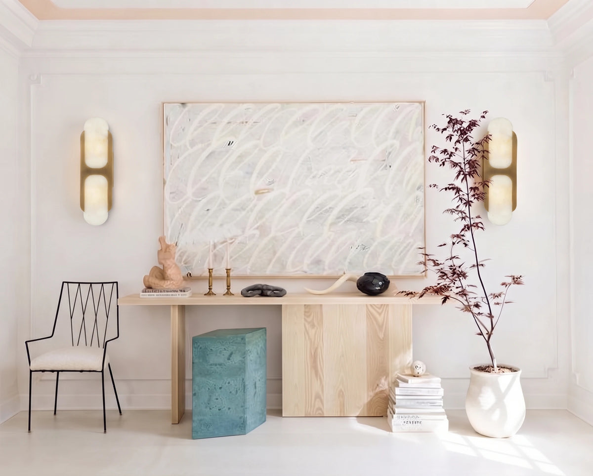 Modern Alabaster Wall Sconces Over Console Table in Living Room