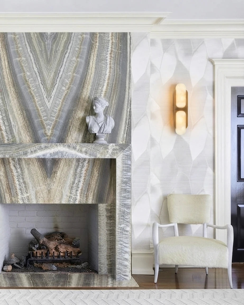 Modern Alabaster Wall Sconce Over Fireplace Mantel