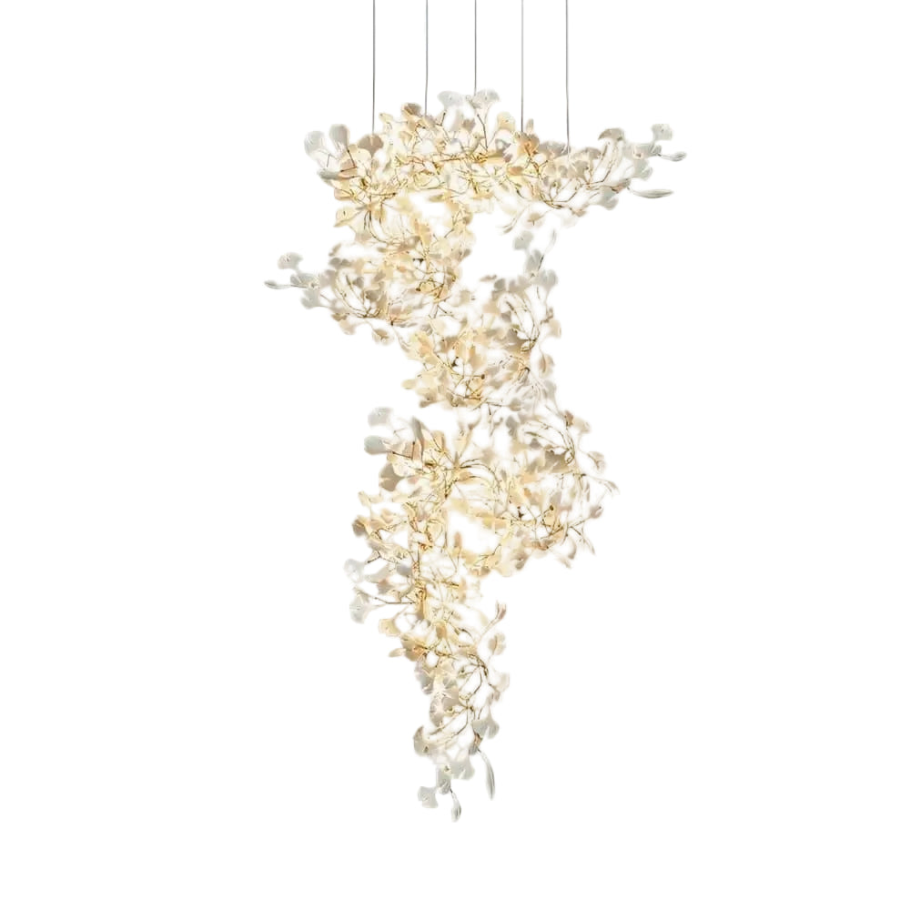 Modern Cascading Ginkgo Leaf Art Glass Chandelier on Pure White Background