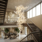 Modern Cascading Ginkgo Leaf Chandelier Along Staircase