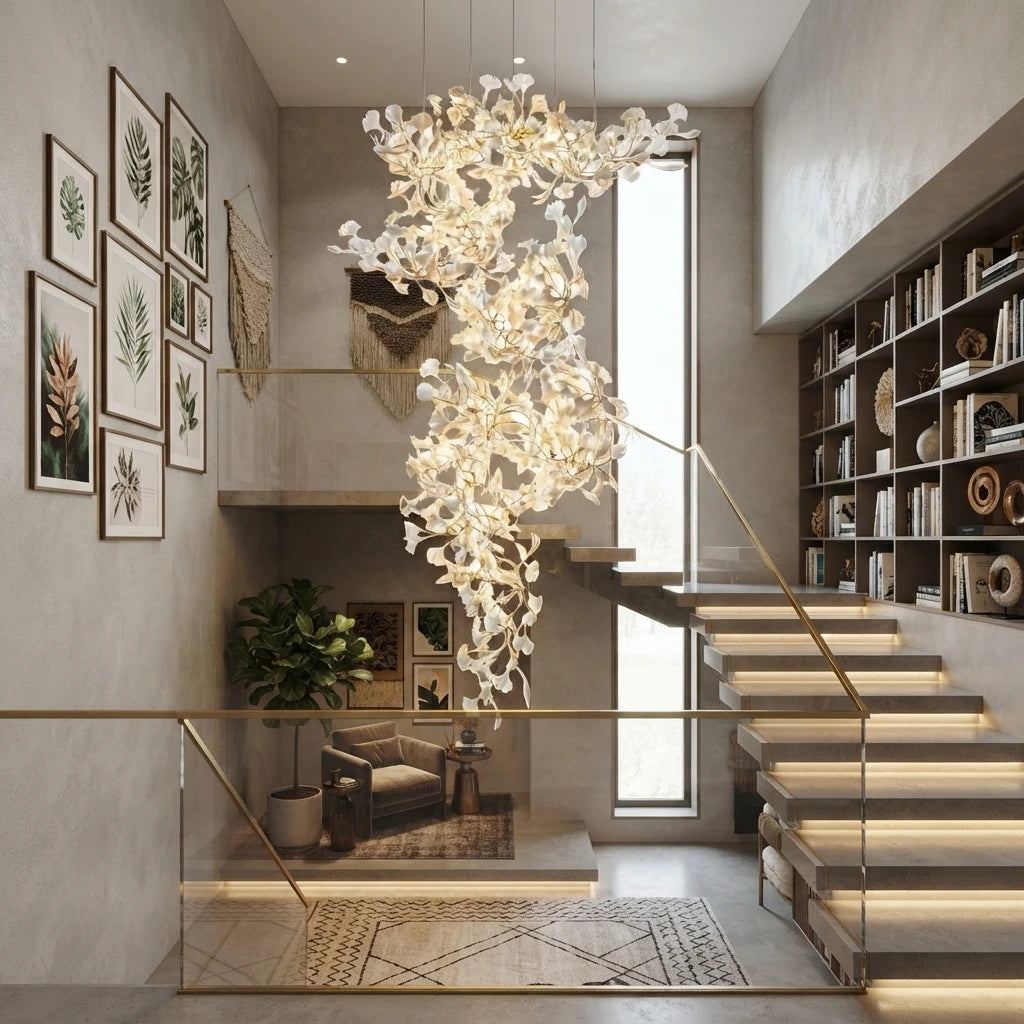 Modern Art Glass Chandelier in Vaulted Home Library