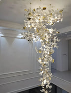 Illuminated Modern Cascading Ginkgo Leaf Art Glass Chandelier Studio Shot