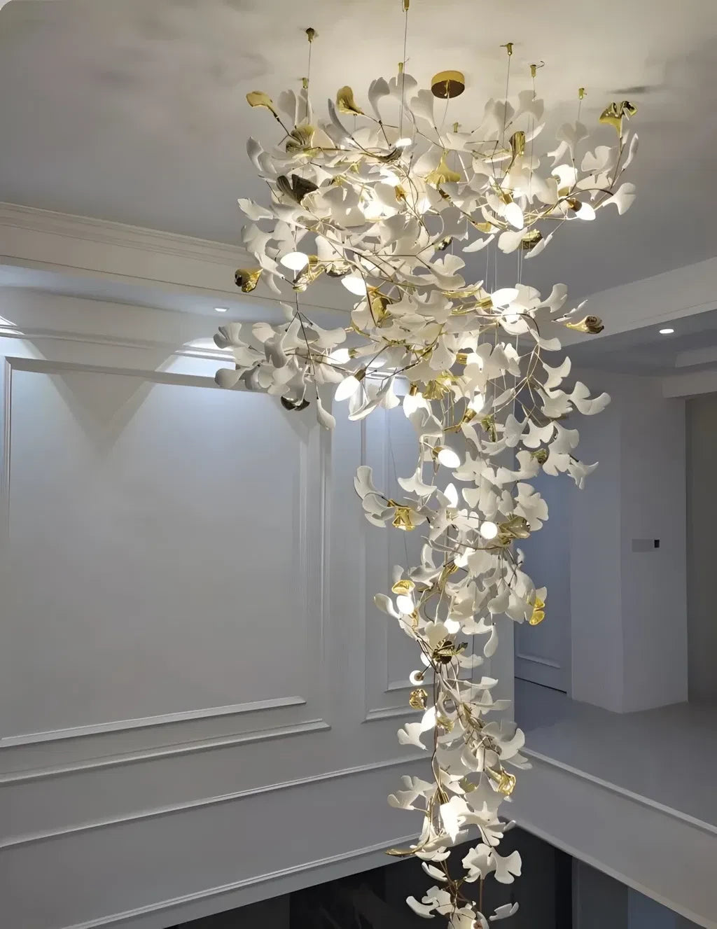 Illuminated Modern Cascading Ginkgo Leaf Art Glass Chandelier Studio Shot