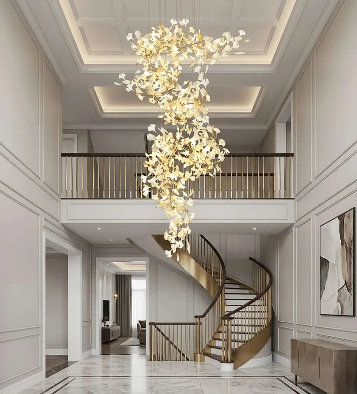 Modern Cascading Art Glass Chandelier in Double Height Foyer